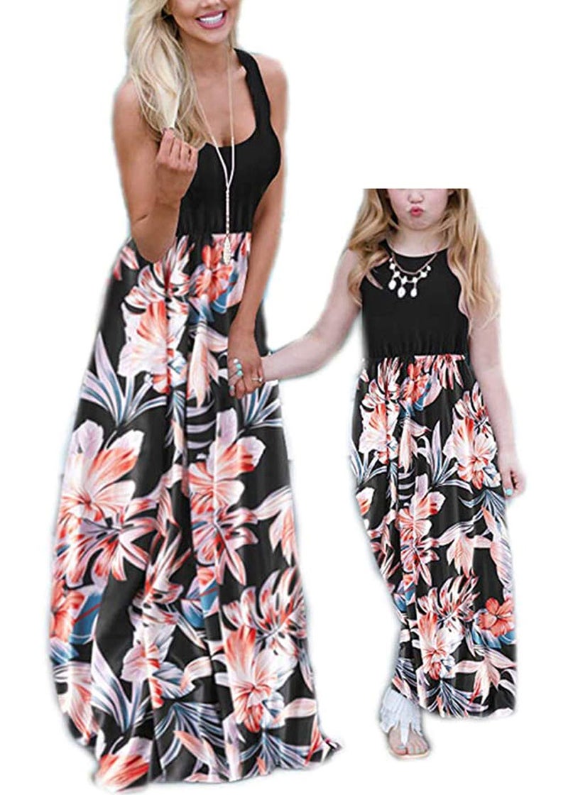 Askwind Mommy and Me Dresses Casual Floral Family Outfits Summer Matching Maxi Dress (Black, L) - Image 1